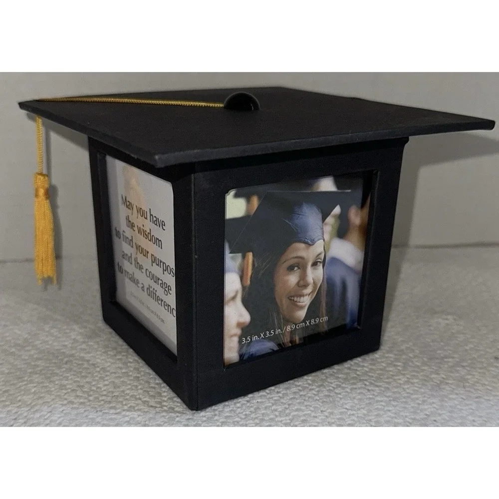 Graduation Cap Photo Frame Cube Black Mortarboard with Gold Tassel 3.5x3.5 Class